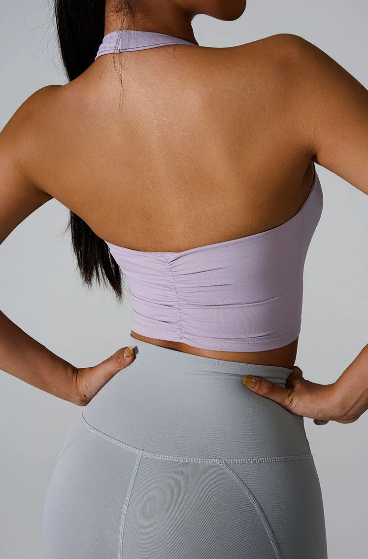 Sleeveless Sports Halter Crop Tank with Built-In Bra - Artadvier