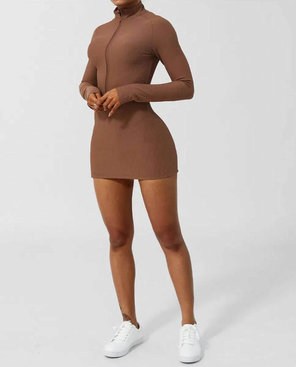 Skinny Long Sleeve Yoga Short Length Dress - Artadvier