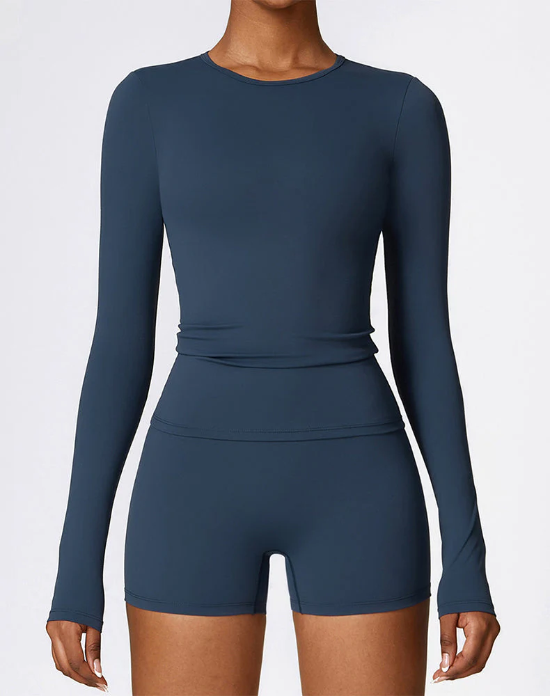 Crewneck Long Sleeve Shirt Basic Tees Slim Fit Crop Tops - Artadvier