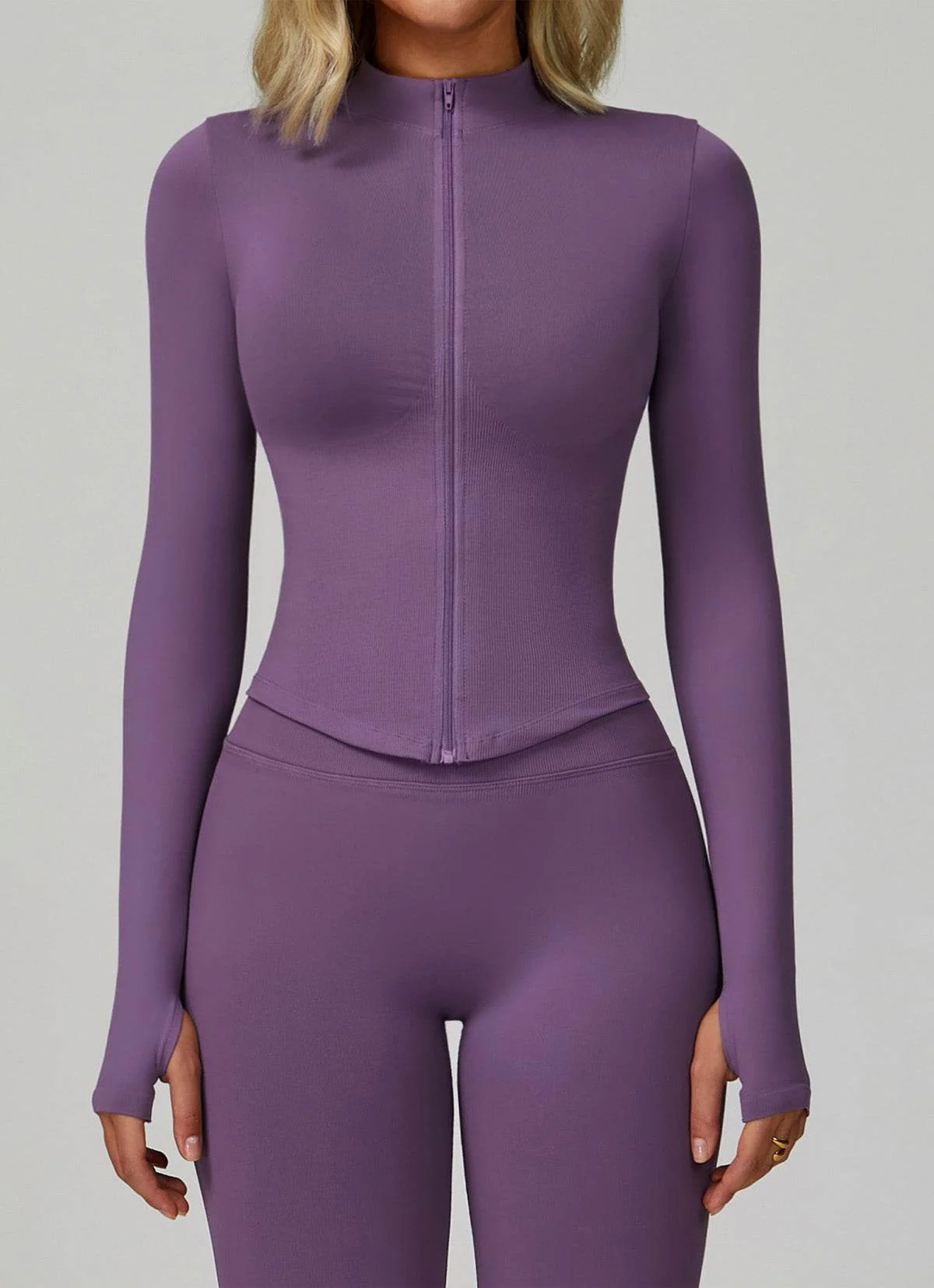 Full Zip Cropped Workout Jacket with Thumb Holes - Artadvier
