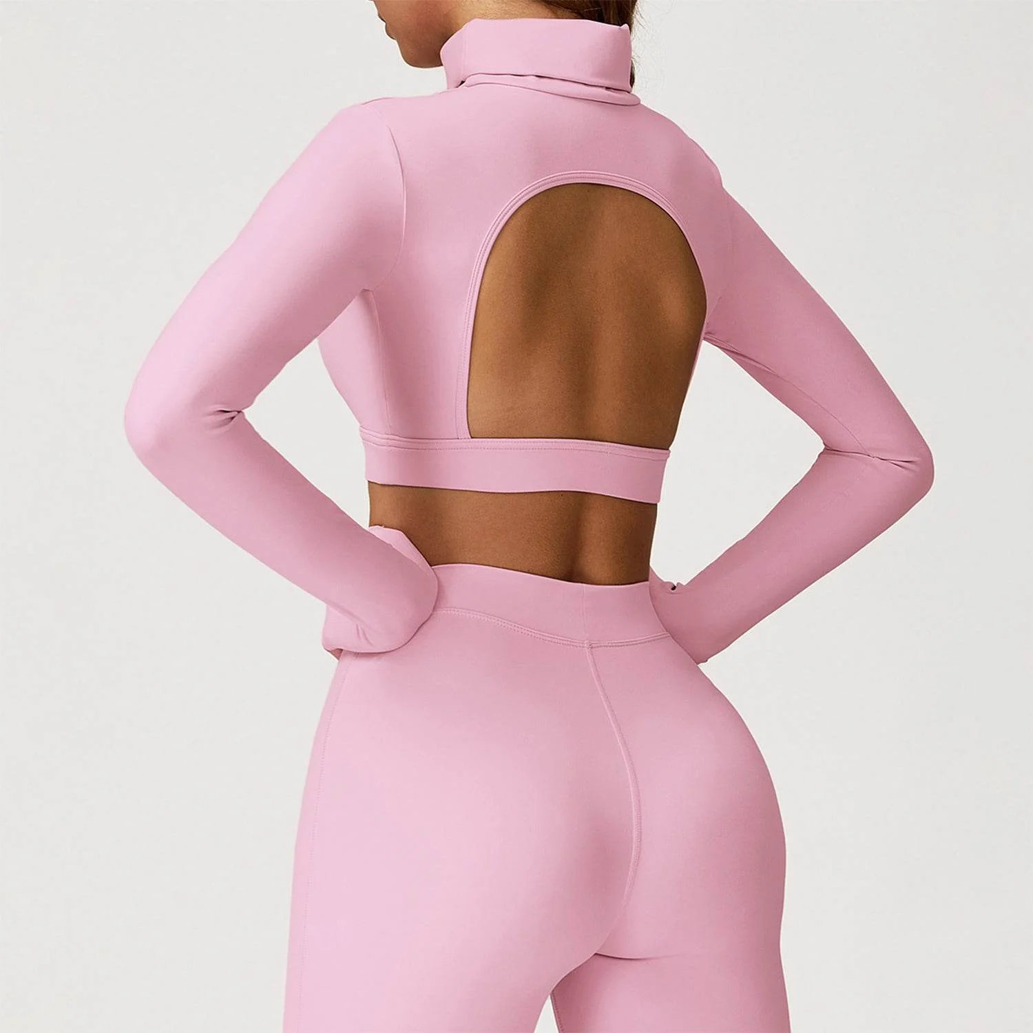 Backless Turtleneck Crop Top Long Sleeve Yoga T-Shirt - Artadvier