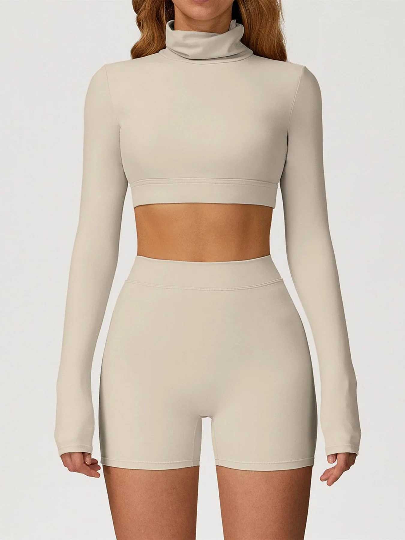 Sport Set with Turtleneck Long Sleeve Crop Top and Short - Artadvier