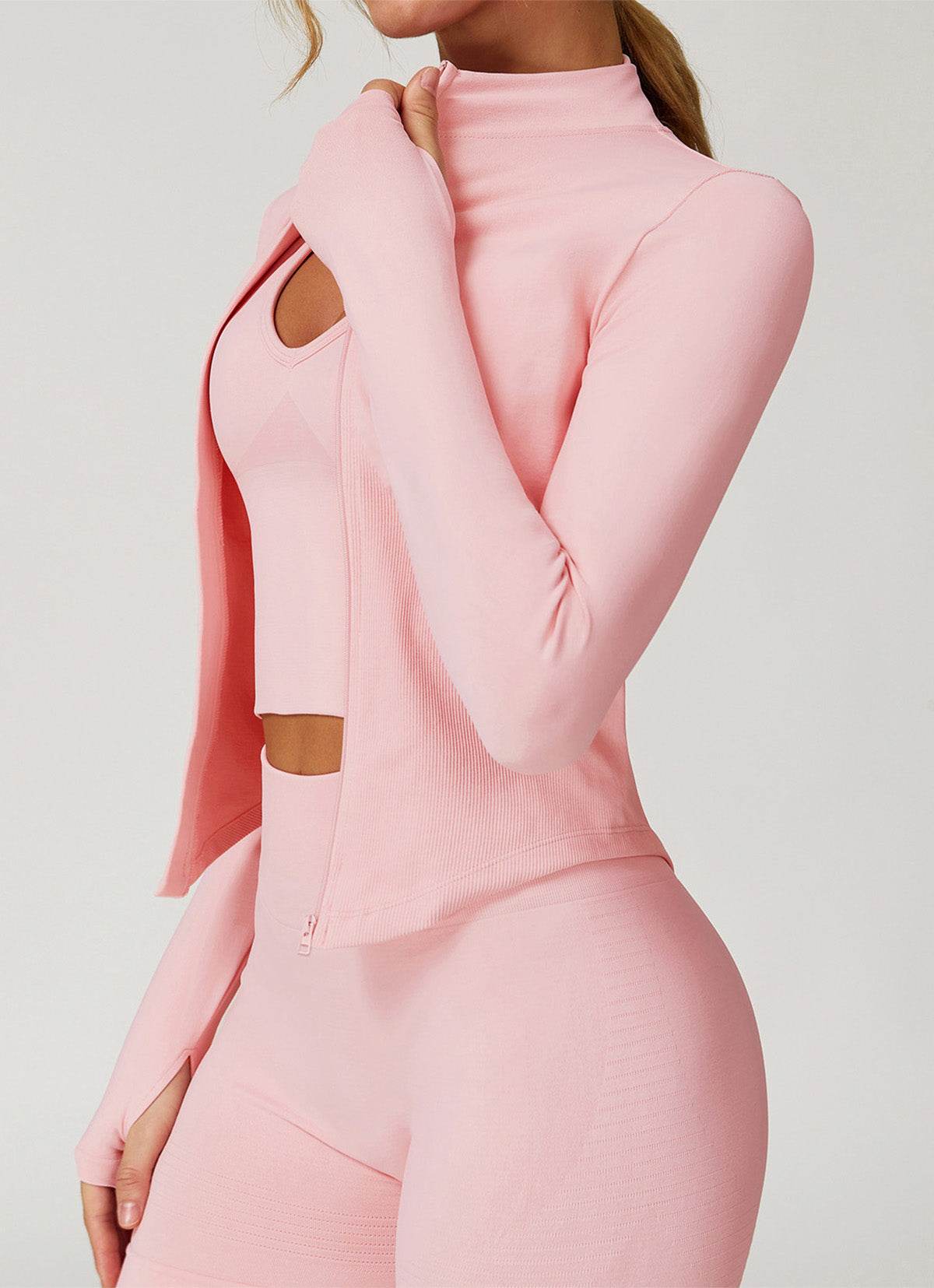 Full Zip Cropped Workout Jacket with Thumb Holes - Artadvier