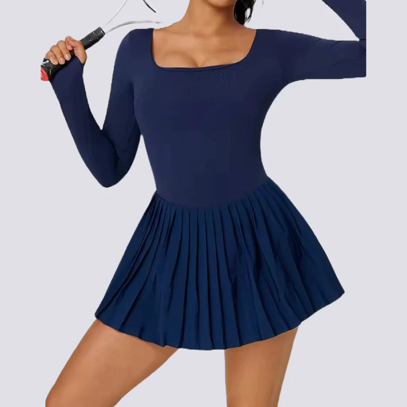 Women  s Tennis Dress  C Long Sleeve Backless Pleated Outfit - Artadvier