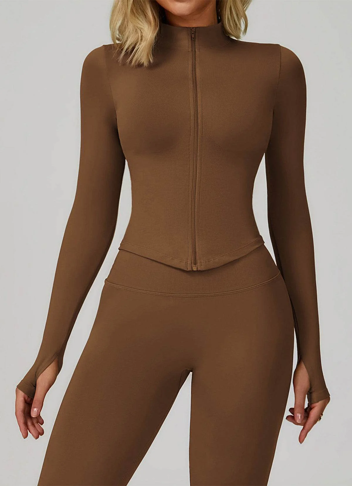 Full Zip Cropped Workout Jacket with Thumb Holes - Artadvier