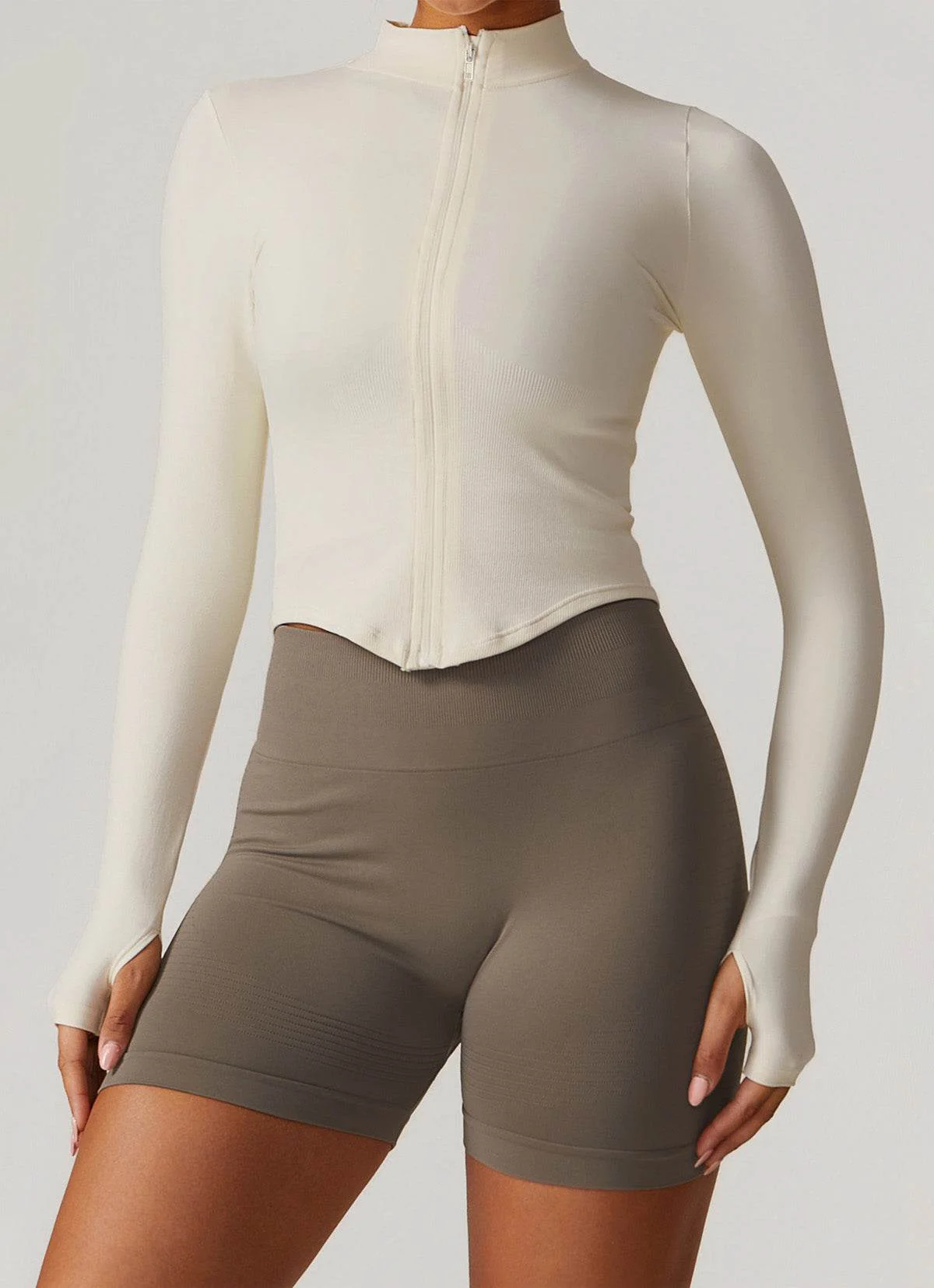 Full Zip Cropped Workout Jacket with Thumb Holes - Artadvier